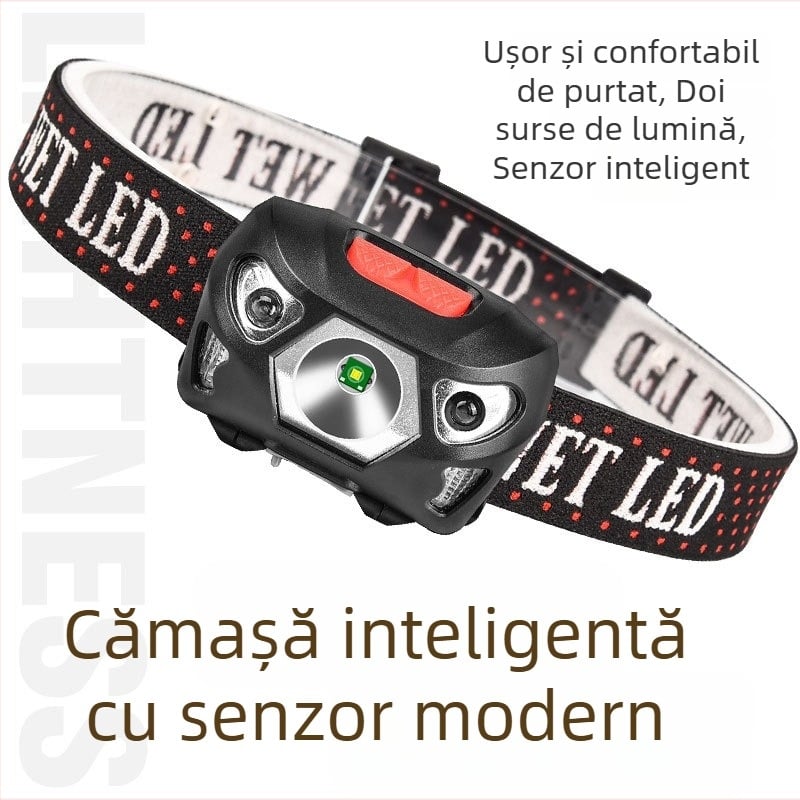 Frontala LED pentru cap, USB reîncărcabilă, pentru pescuit și drumeții, 1200 mAh, sursă LED, rază 100–200 m