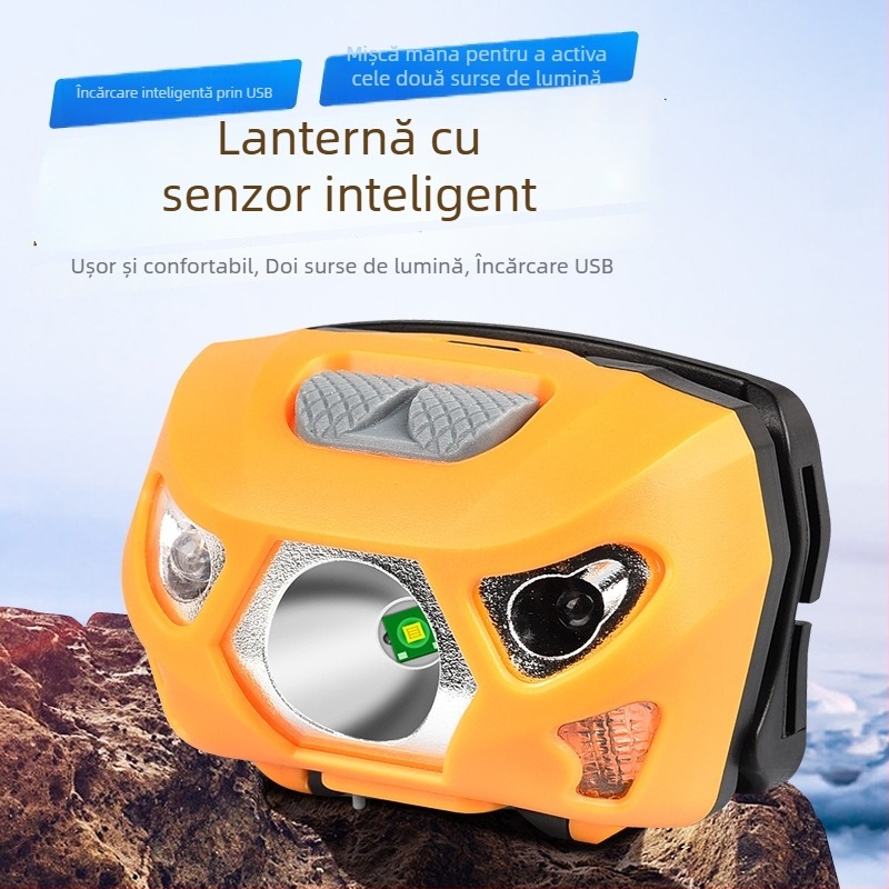 Frontala LED pentru cap, USB reîncărcabilă, pentru pescuit și drumeții, 1200 mAh, sursă LED, rază 100–200 m