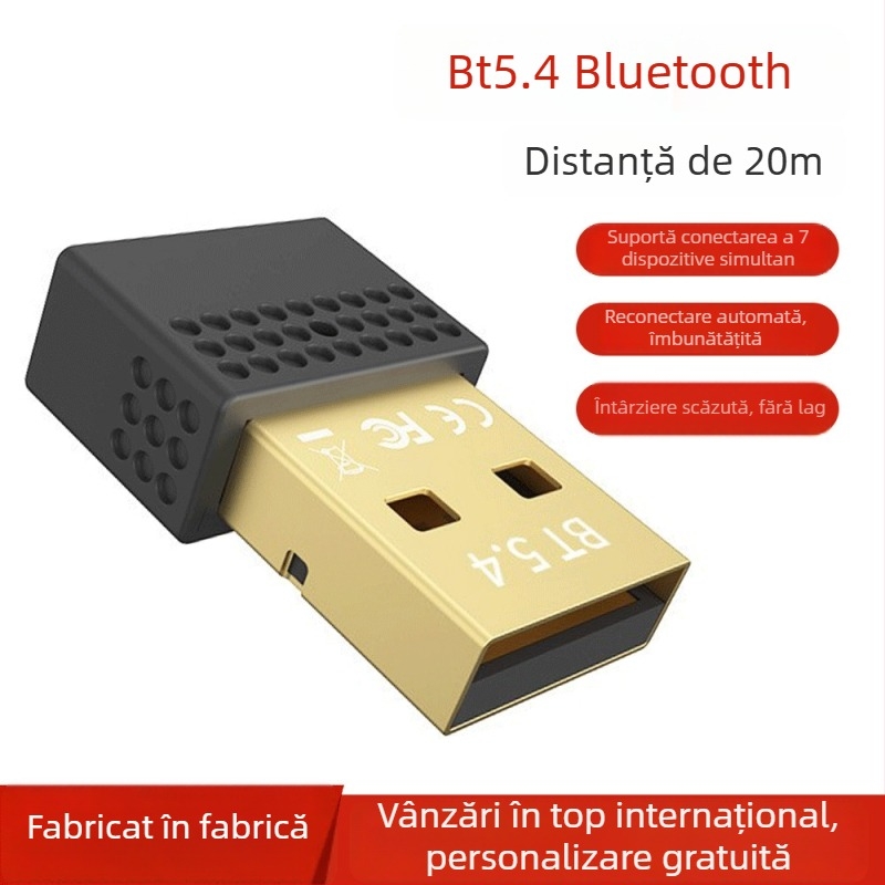 Bluetooth 5.4 USB Transmițător/Receptor audio, Interfață USB, Plug‑and‑Play, 3 Mbps, rază de 20 m