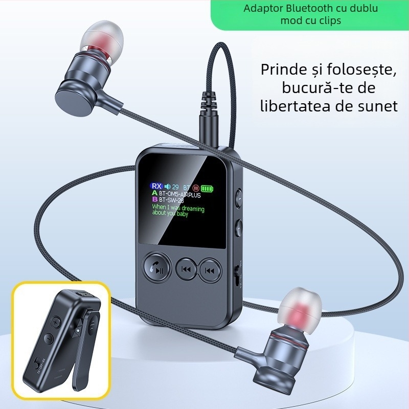 MP3 player Bluetooth 5.4 cu card TF, mufă 3,5 mm, TX/RX dual, rază de 10 m