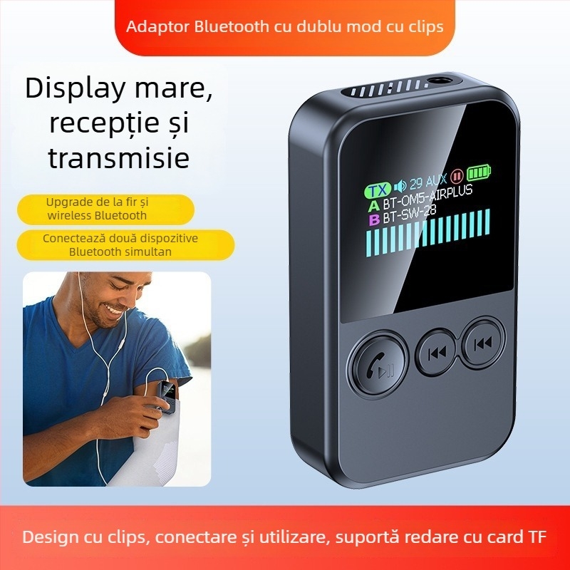 MP3 player Bluetooth 5.4 cu card TF, mufă 3,5 mm, TX/RX dual, rază de 10 m