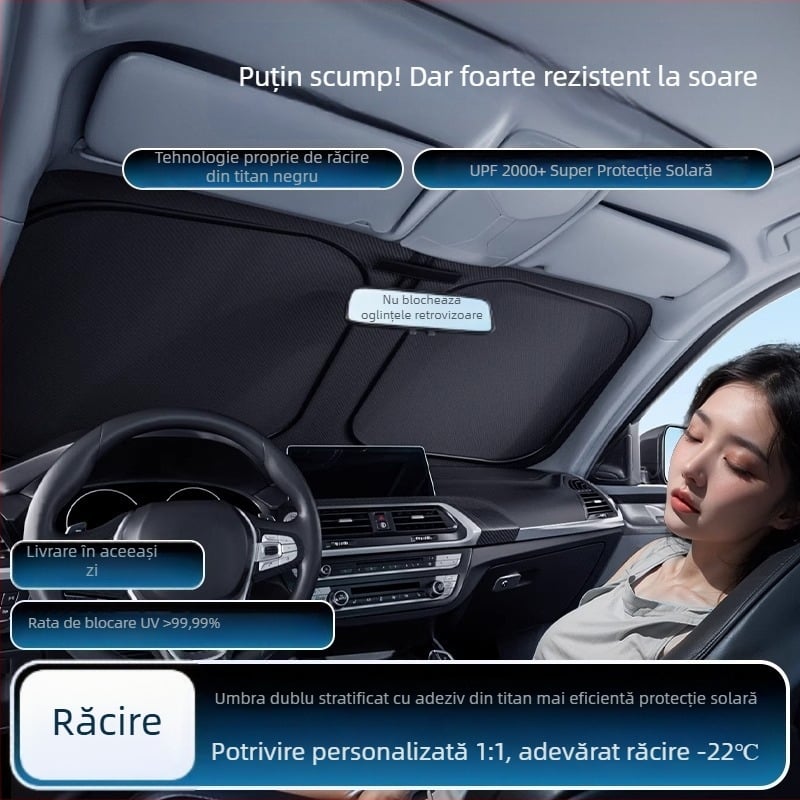 Husa dublă de protecție solară pentru mașină, universal compatibilă, montaj telescopic, izolație termică