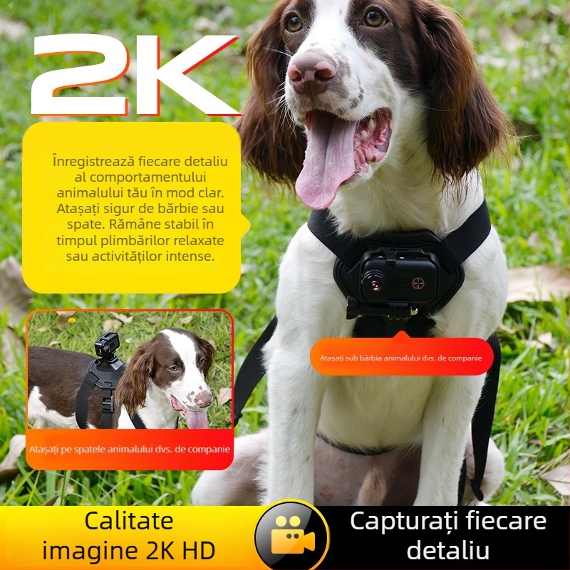 Cameră pentru animale de companie S7 — perspectivă pisică și câine, suport pe piept, senzor 5MP, carcasă ABS, baterie 4 ore