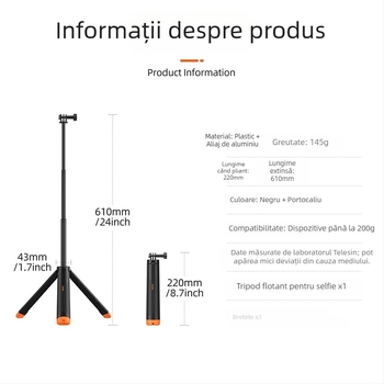 Trepied plutitor pentru selfie pentru GoPro, DJI și Insta360 (TELESIN; Model S1-tss-02; Material: plastic + aliaj de aluminiu; Compatibil universal)