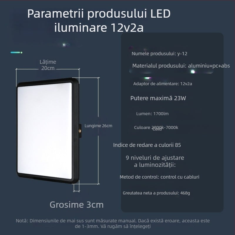 Lumină LED de umplere Y-12S, 12V2A, 23W, Trei temperaturi de culoare, pentru live streaming și fotografie