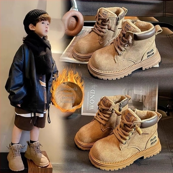 Cizme Martin pentru copii, fermoar lateral, exterior din piele microfibră, căptușeală cu blană artificială, talpă din cauciuc