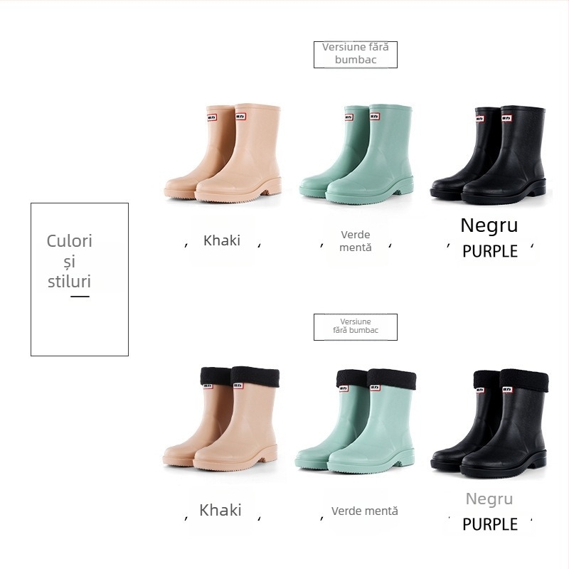 Cizme de ploaie pentru femei, impermeabile și antiderapante, partea superioară din plastic, toc mic 1–3 cm, potrivite pentru toate anotimpurile