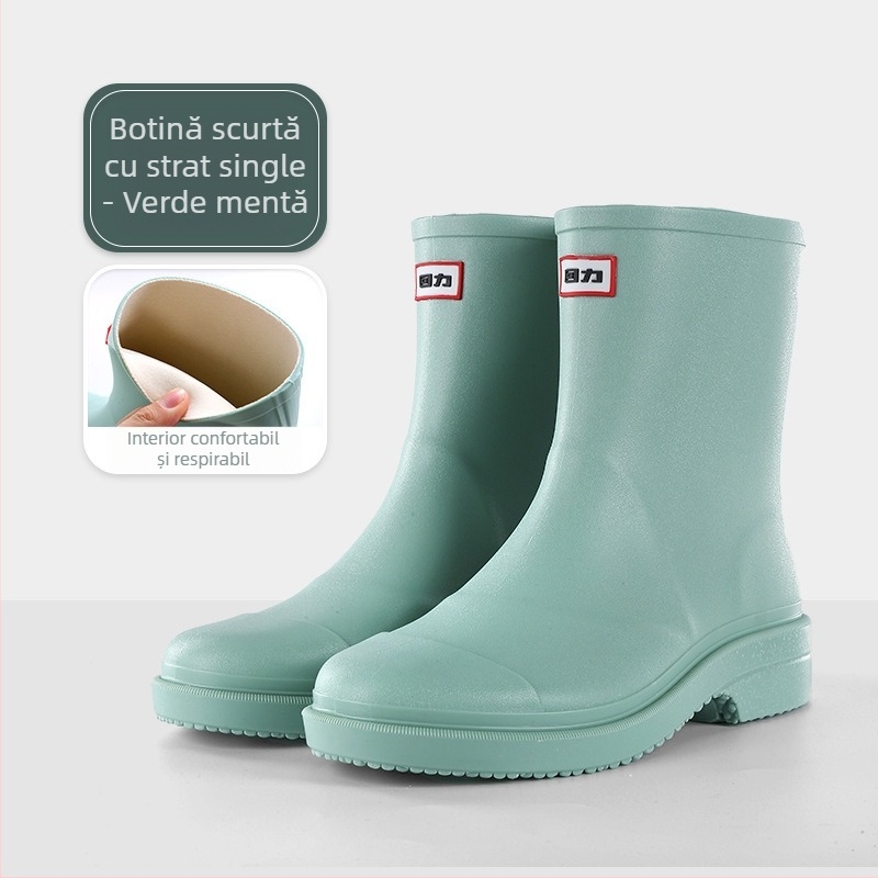 Cizme de ploaie pentru femei, impermeabile și antiderapante, partea superioară din plastic, toc mic 1–3 cm, potrivite pentru toate anotimpurile