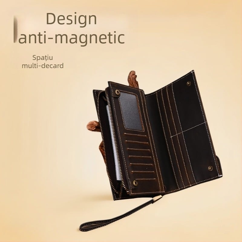 Portofel lung pentru bărbați cu fermoar, piele naturală, piele de vițel pe strat superior, multiple buzunare pentru carduri, Artisan Pavilion Leather