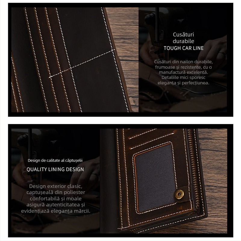Portofel lung pentru bărbați cu fermoar, piele naturală, piele de vițel pe strat superior, multiple buzunare pentru carduri, Artisan Pavilion Leather