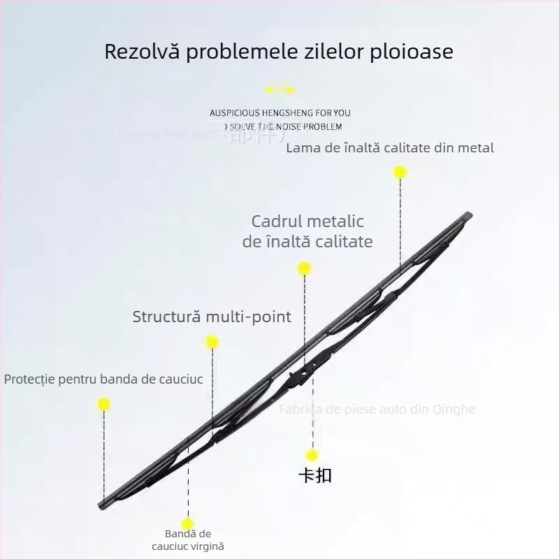 Ștergător auto cu schelet din fier în formă U, model 14-28, compatibil cu 99% din brațe în formă U, unghi de ștergere 90°, 12–24V