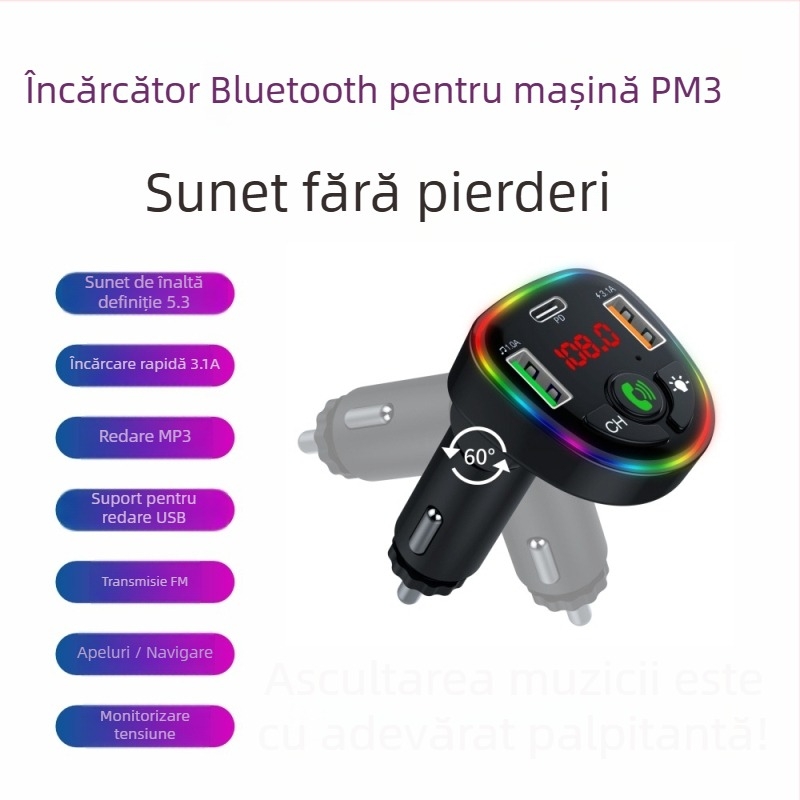 Încărcător auto cu încărcare rapidă și voltmetru, intrare 12V/24V, emițător FM și player Bluetooth MP3