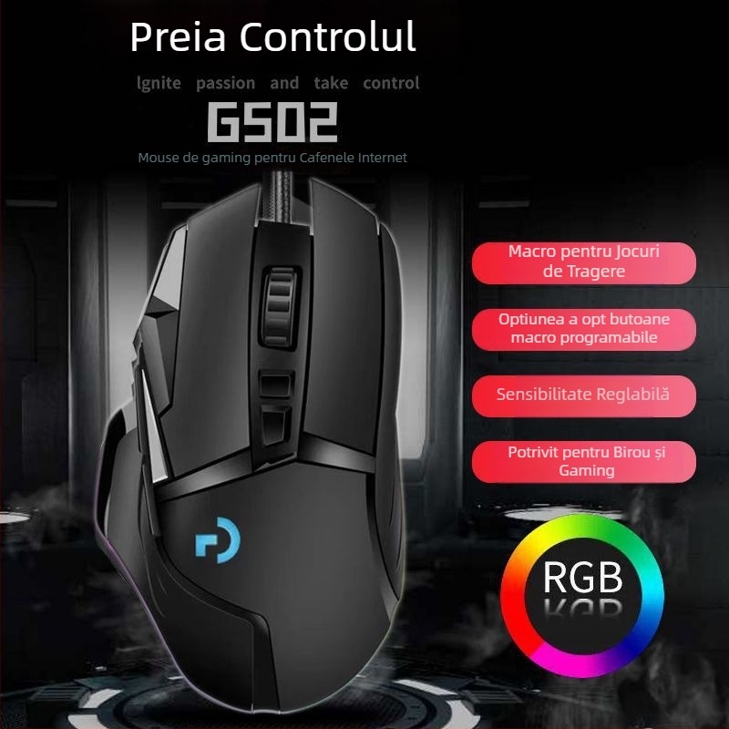 Mouse de gaming G502, cablu USB, senzor optic 5600 DPI, 7 butoane, ergonomic