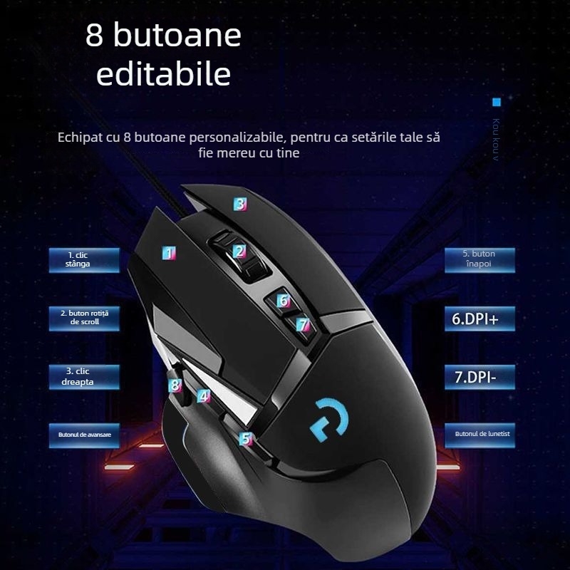Mouse de gaming G502, cablu USB, senzor optic 5600 DPI, 7 butoane, ergonomic