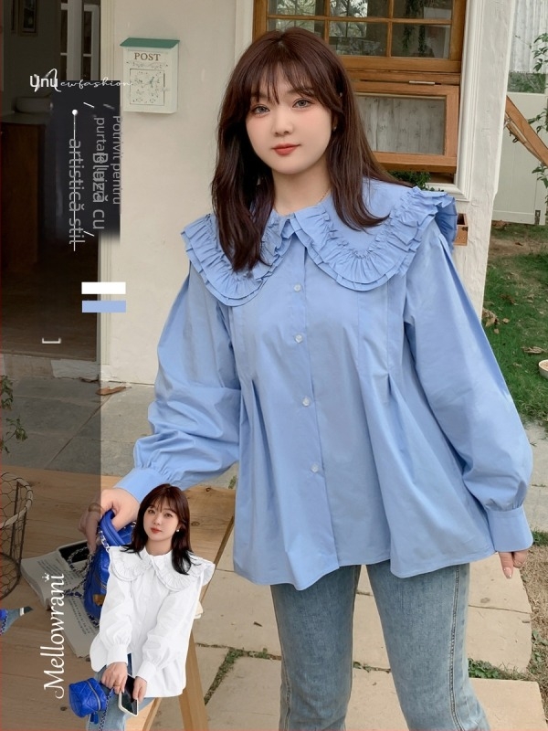 Cămașă pentru femei, mărime plus, toamnă – guler rever, două straturi, mâneci bufante, margine cu volan, bumbac spălat cu elastan