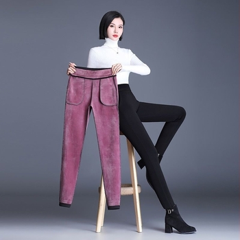 Pantaloni din velur cu fleece căptușire pentru iarnă, amestec gros de poliester, croială elastică strâmtă