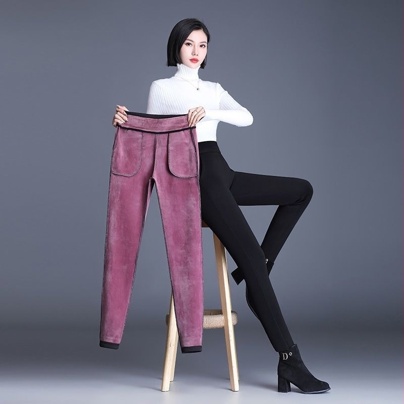 Pantaloni din velur cu fleece căptușire pentru iarnă, amestec gros de poliester, croială elastică strâmtă