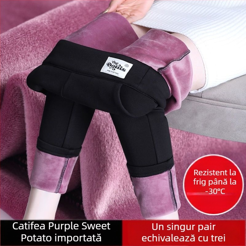 Pantaloni din velur cu fleece căptușire pentru iarnă, amestec gros de poliester, croială elastică strâmtă