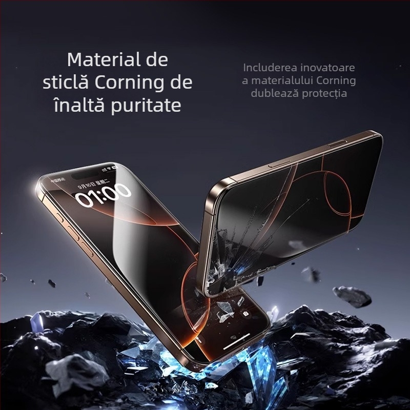 Protecție ecran din sticlă temperată pentru Apple 16Pro, acoperire completă, anti-spionaj, anti-amprentă, rezistent la praf, HD, montaj rapid
