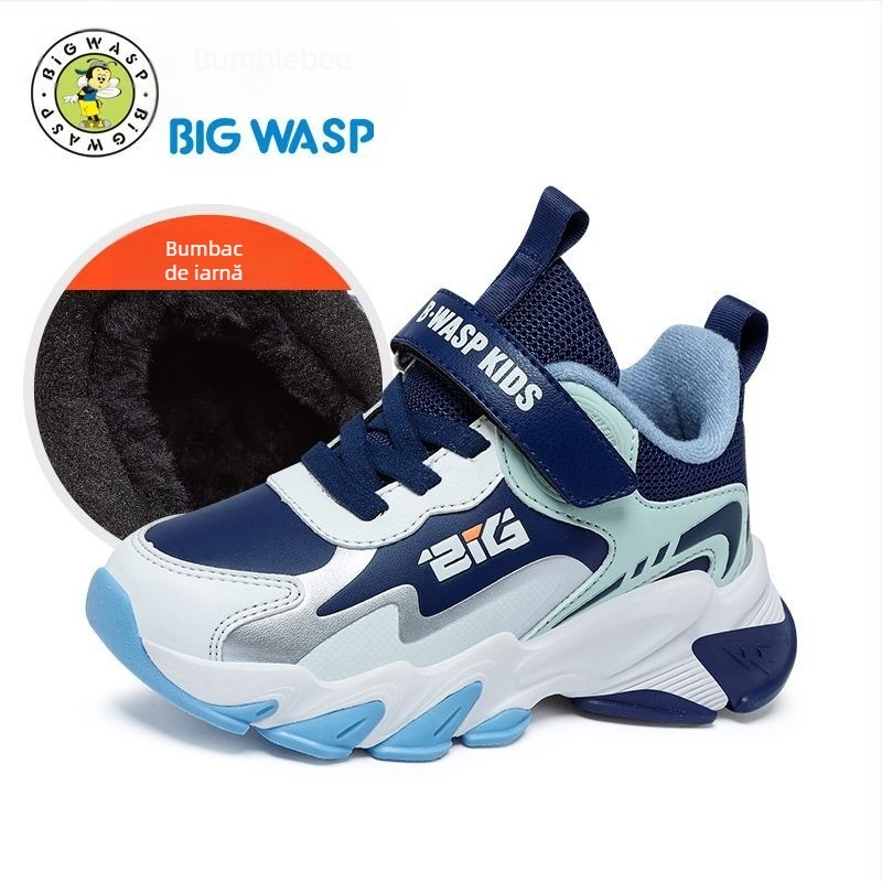 Adidași unisex de baschet pentru copii Bumblebee, stil de iarnă, închidere Velcro, partea superioară din piele sintetică, model în dungi, talpă EVA, talpă groasă