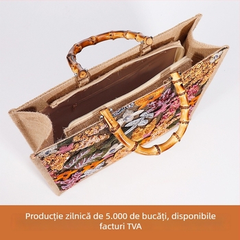 Geantă Tote din paie cu mâner din bambus, formă orizontală pătrată, închidere cu fermoar, buzunar interior cu fermoar