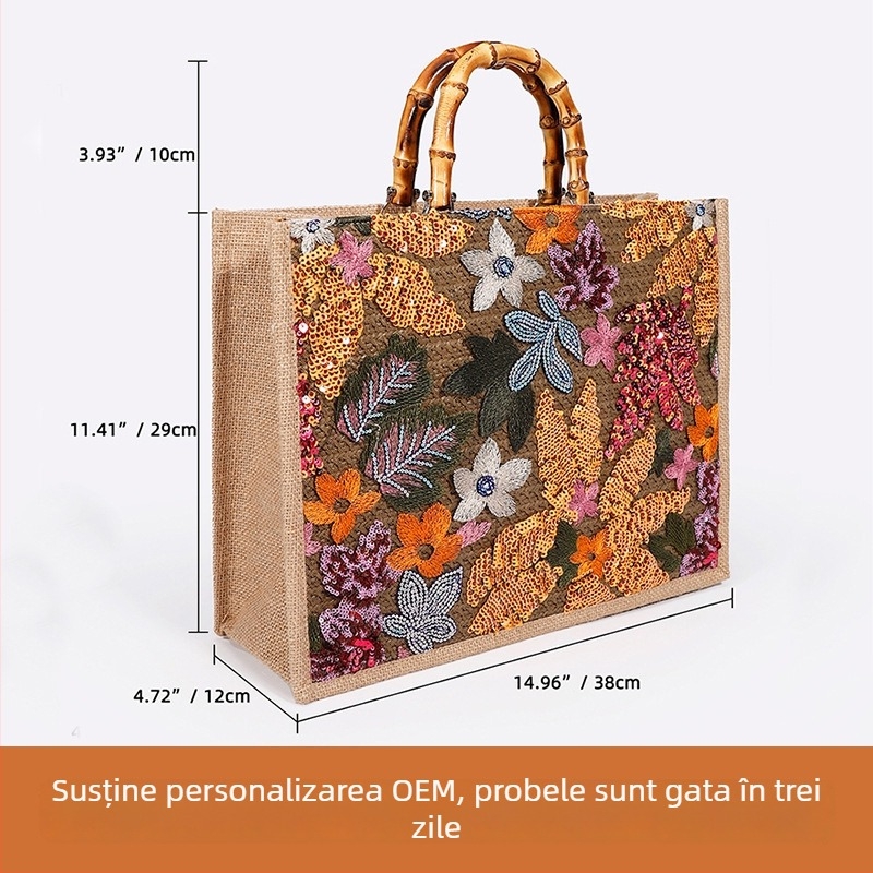 Geantă Tote din paie cu mâner din bambus, formă orizontală pătrată, închidere cu fermoar, buzunar interior cu fermoar