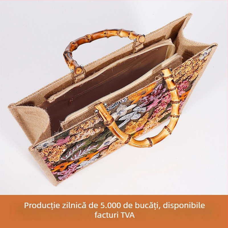 Geantă Tote din paie cu mâner din bambus, formă orizontală pătrată, închidere cu fermoar, buzunar interior cu fermoar