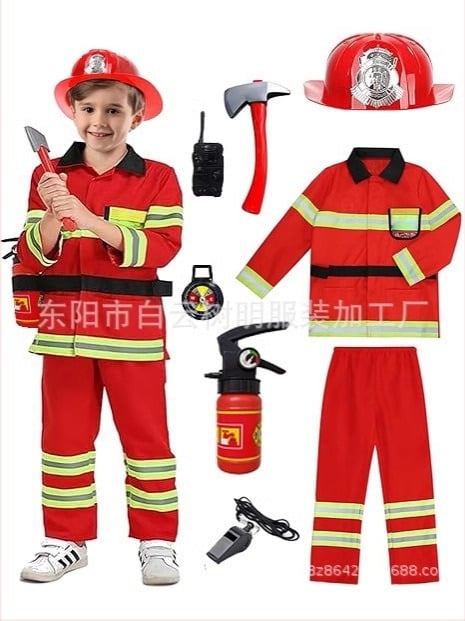 Costum pentru copii pentru spectacol de pompieri - 100% poliester, tratament moale al țesăturii, siguranță clasa B, pentru copii 3–8 ani