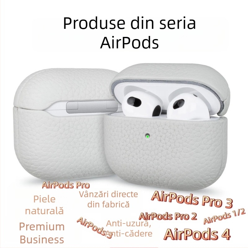 Carcasă de protecție din piele naturală, cu textură Lychee, pentru Apple AirPods — protecție antișocuri, toate seriile AirPods