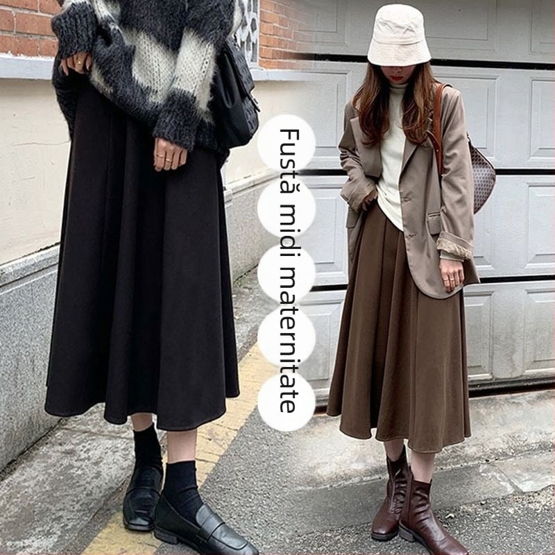 Fustă de maternitate midi cu susținere reglabilă a burții — țesătură din fibră acrilică, conținut principal 95%+, lungime midi, croială neregulată