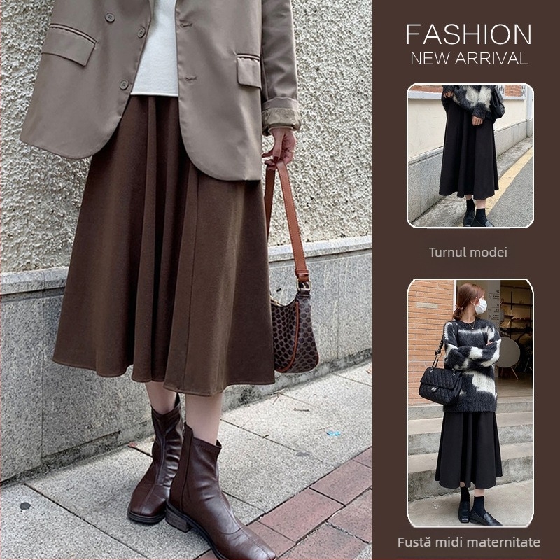 Fustă de maternitate midi cu susținere reglabilă a burții — țesătură din fibră acrilică, conținut principal 95%+, lungime midi, croială neregulată