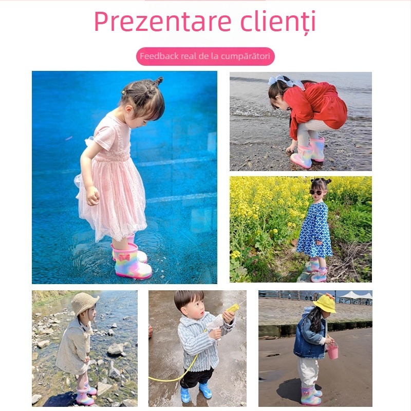 Ghete de ploaie pentru copii Star Foot, exterior PVC, toc mic 1–3 cm, model cu dungi, stil coreean, pentru copii 1–6 ani