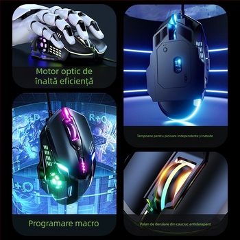 Mouse de gaming cu fir, 6 butoane, USB, 3000 DPI, DPI reglabil, design ergonomic, rotiță de derulare cu patru direcții