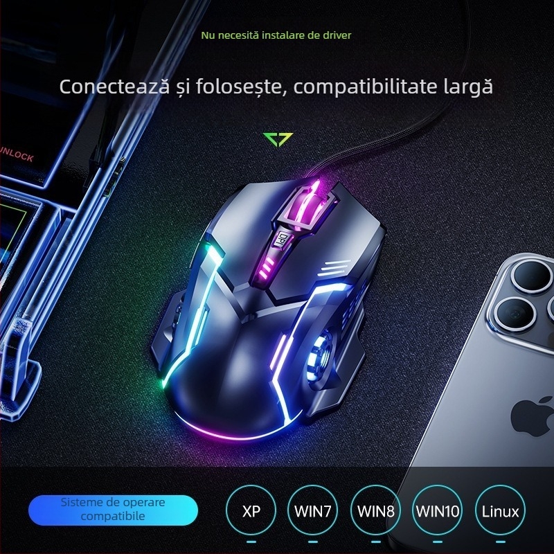 Mouse de gaming cu fir, 6 butoane, USB, 3000 DPI, DPI reglabil, design ergonomic, rotiță de derulare cu patru direcții