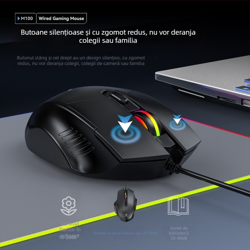 Mouse de gaming cablat silențios (5600 DPI, 6 taste, USB, cablu de 1,5 m)