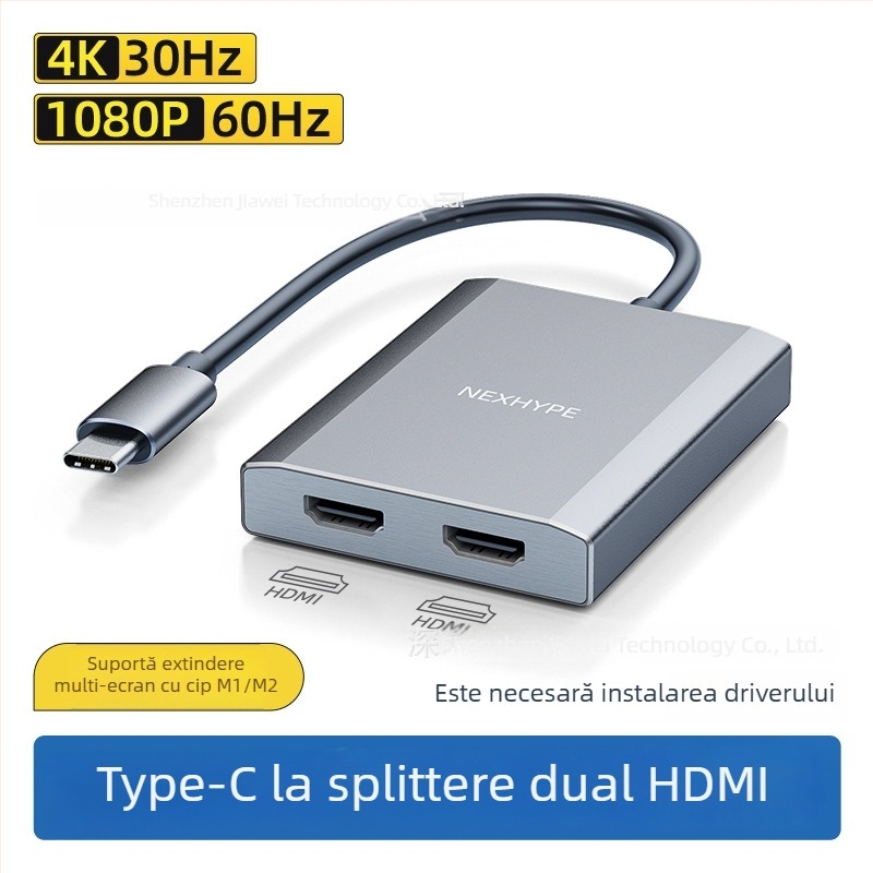 Docking station Type-C către HDMI dual, 1–2 ieșiri HDMI, lățime de bandă 21Gbps, cablu 0,2 m