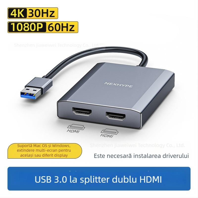 Docking station Type-C către HDMI dual, 1–2 ieșiri HDMI, lățime de bandă 21Gbps, cablu 0,2 m