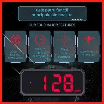Afișaj HUD pentru mașină cu avertizare vocală radar, busolă GPS și vitezometru; Model V12, ABS, alimentare USB, greutate 120 g