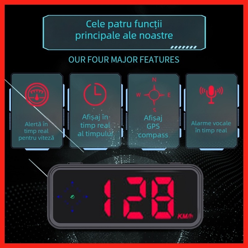 Afișaj HUD pentru mașină cu avertizare vocală radar, busolă GPS și vitezometru; Model V12, ABS, alimentare USB, greutate 120 g