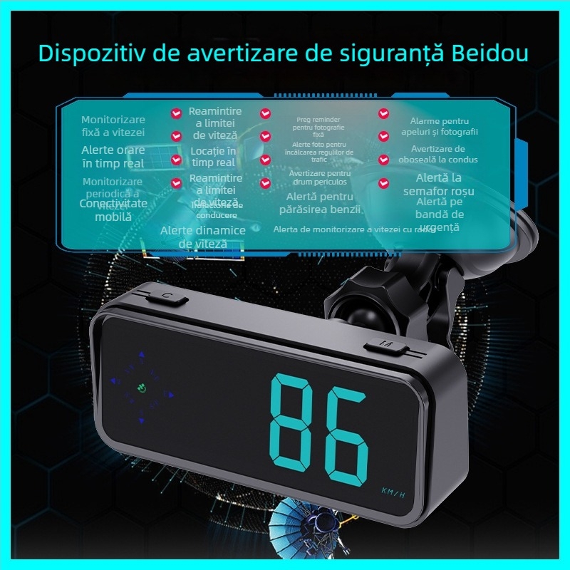 Afișaj HUD pentru mașină cu avertizare vocală radar, busolă GPS și vitezometru; Model V12, ABS, alimentare USB, greutate 120 g