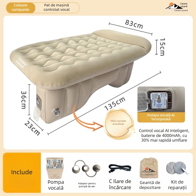 Pat gonflabil pentru banchetă din spate HM8519 | PVC ecologic | Umflare automată | Control vocal AI | Greutate maximă 300 kg