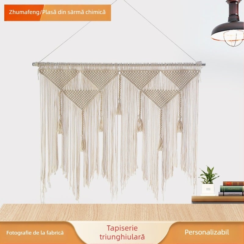 Tapiserie din bumbac, țesută manual, decor triunghiular pentru perete cu ciucuri albe
