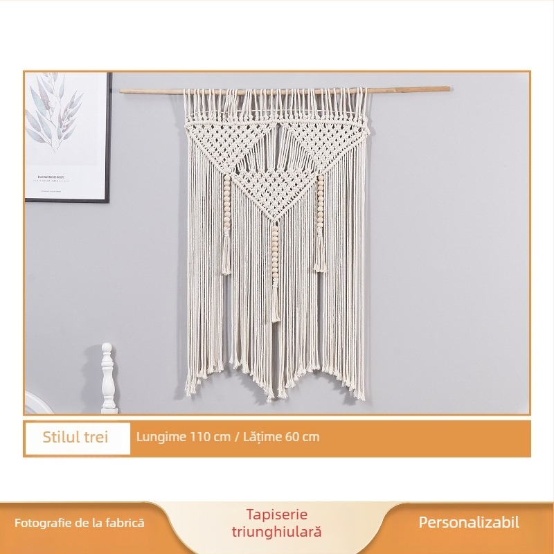 Tapiserie din bumbac, țesută manual, decor triunghiular pentru perete cu ciucuri albe