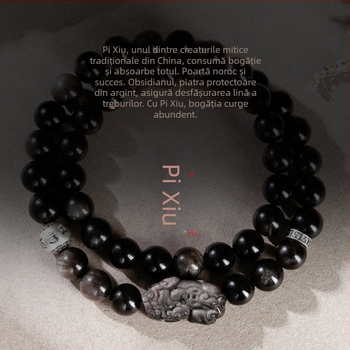 Brățară din obsidian cu strat dublu, argint 999, motto cu șase caractere, design unisex