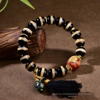 Brățară Dzi cu incrustare de argint 925, mărgele de agat, mărgele Buddha pe un singur șir, unisex, stil sofisticat