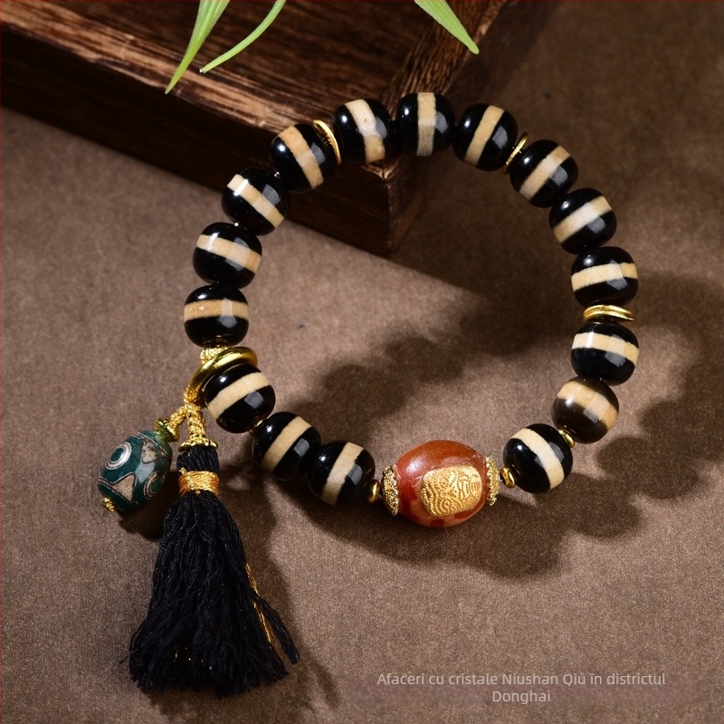 Brățară Dzi cu incrustare de argint 925, mărgele de agat, mărgele Buddha pe un singur șir, unisex, stil sofisticat