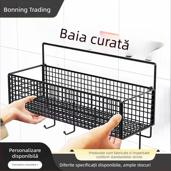 Raft de depozitare suspendat pe perete pentru bucătărie și baie, 1 nivel, fier forjat, fără găurire, fără montaj, prindere cu cârlig, design modern tip plasă