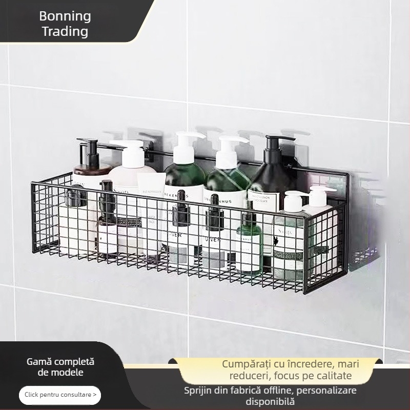 Raft de depozitare suspendat pe perete pentru bucătărie și baie, 1 nivel, fier forjat, fără găurire, fără montaj, prindere cu cârlig, design modern tip plasă