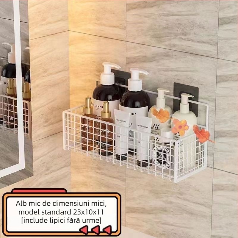 Raft de depozitare suspendat pe perete pentru bucătărie și baie, 1 nivel, fier forjat, fără găurire, fără montaj, prindere cu cârlig, design modern tip plasă