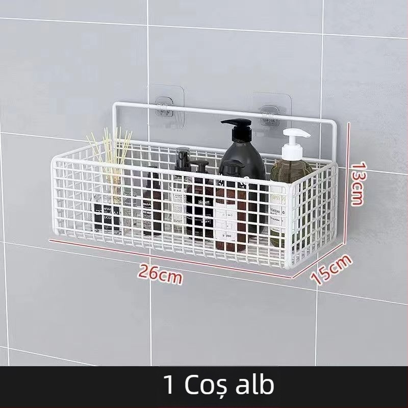 Raft de depozitare suspendat pe perete pentru bucătărie și baie, 1 nivel, fier forjat, fără găurire, fără montaj, prindere cu cârlig, design modern tip plasă